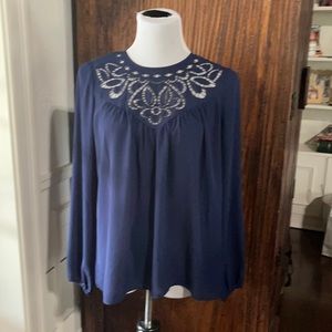 Parker Navy Embroidered Cutout Peasant Top Sz S
